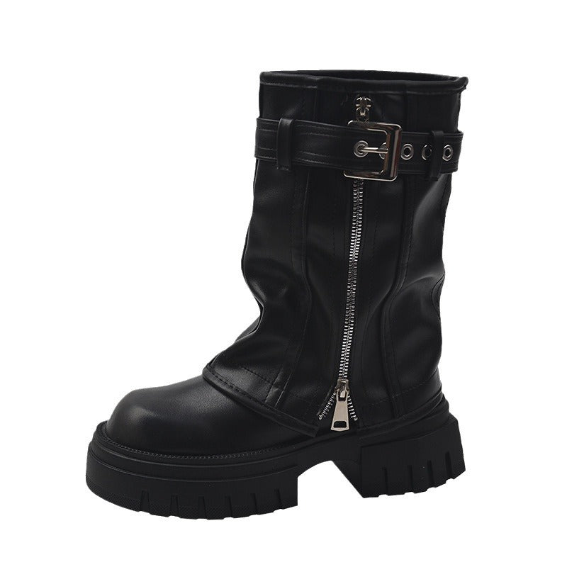 Black leather boot with buckle and zipper on a white background
