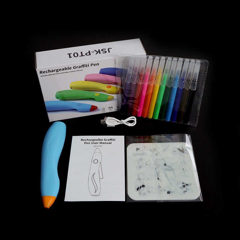 Rechargeable graffiti pen set with colorful pens, user manual, and packaging on a black background