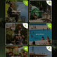 A promotional graphic for a multi-scenario, high-applicability portable device, showing six lifestyle panels with people using it outdoors for fishing, camping, sports, pool time, and construction. The design uses a dark green and black background with green text and icons.
