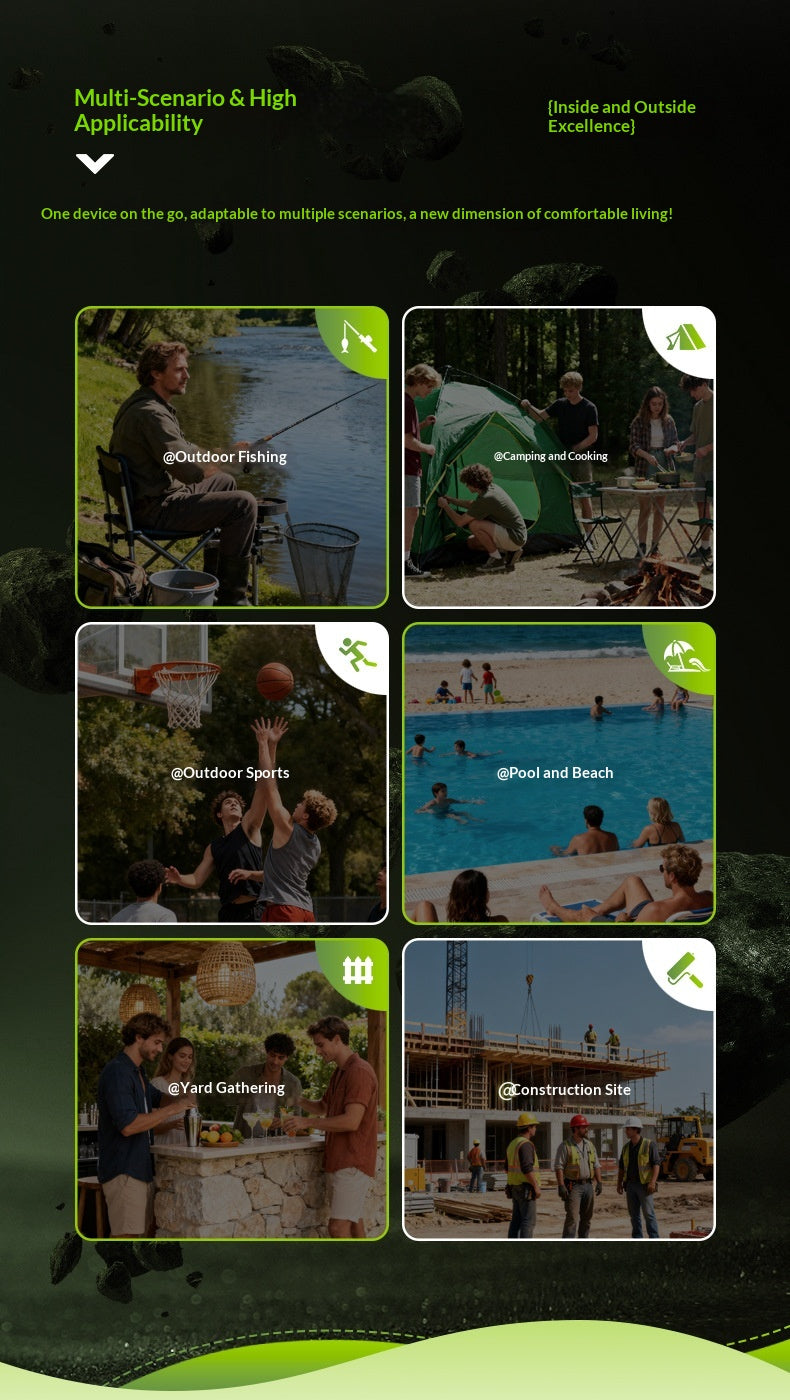 A promotional graphic for a multi-scenario, high-applicability portable device, showing six lifestyle panels with people using it outdoors for fishing, camping, sports, pool time, and construction. The design uses a dark green and black background with green text and icons.