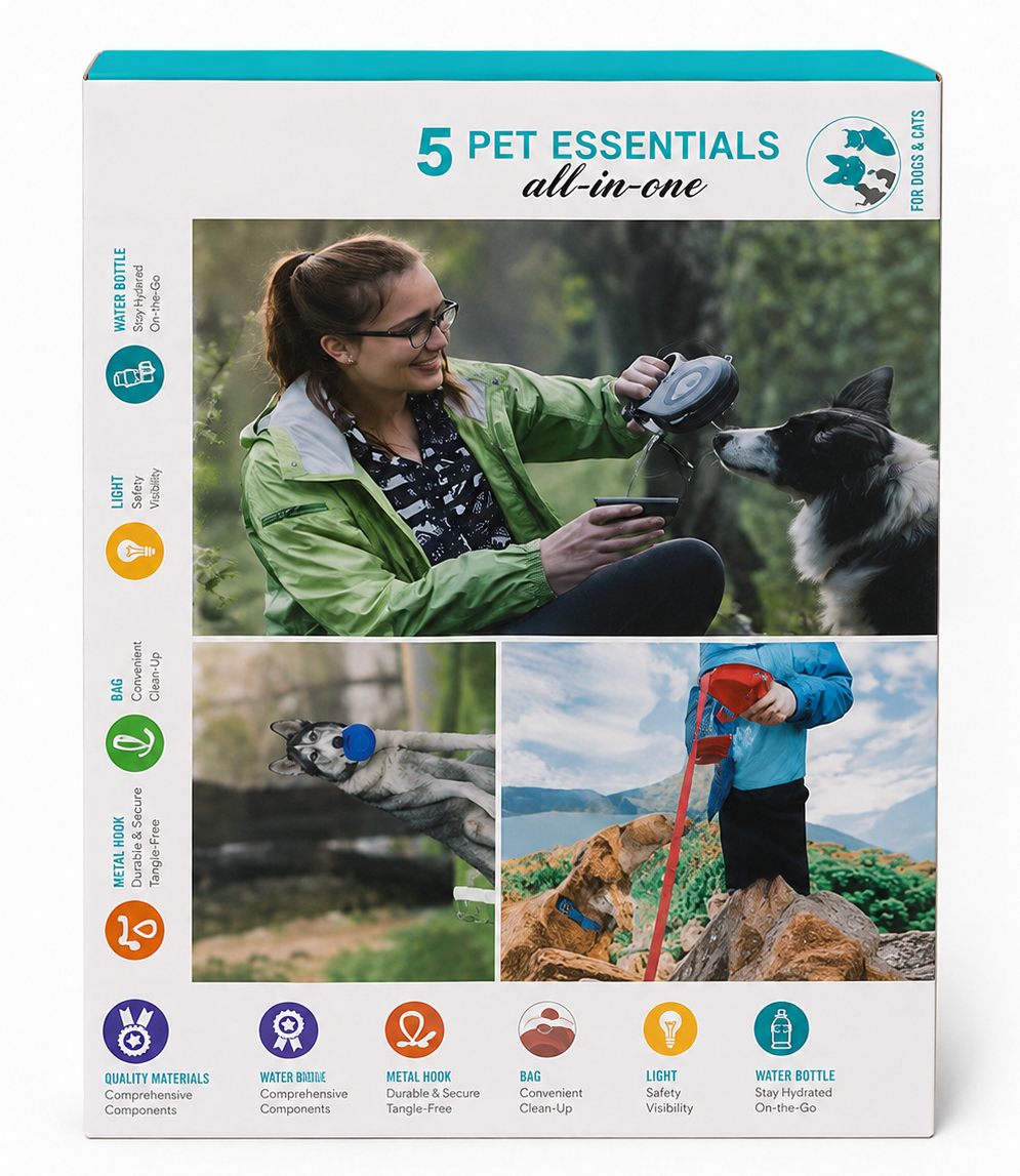 A boxed pet product package labeled '5 PET ESSENTIALS all-in-one' shown against a plain white background. The front of the box features a collage of outdoor pet-related photos and several colored feature icons around the border.