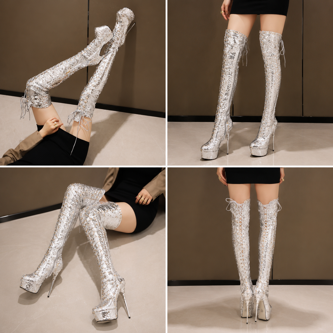 Women's Sequined Over-the-Knee Stiletto Boots – Black, Green, Silver & Gold | Sizes 32–43 