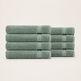 A set of eight folded towels in a muted sage green color, arranged in two stacks of four on a clean, light off-white background. Pure Cotton Bath Towel Set – Burgundy & Turquoise (74x33cm to 170x95cm)