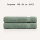 Two folded turquoise towels stacked horizontally on a light off-white background, with black text at the top reading 'Turquoise × 170 x 95 cm · 5 PCS'.