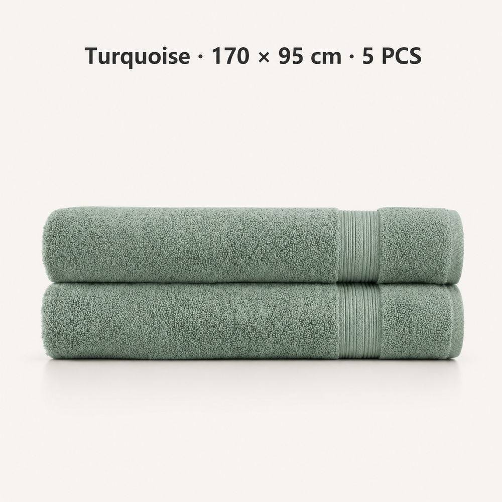 Two folded turquoise towels stacked horizontally on a light off-white background, with black text at the top reading 'Turquoise × 170 x 95 cm · 5 PCS'.