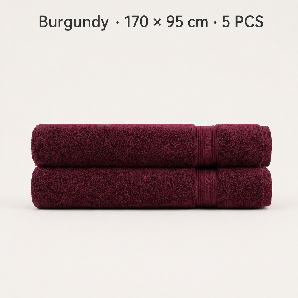 Two folded burgundy towels stacked on a light gray background, with text at the top reading 'Burgundy • 170 x 95 cm • 5 PCS'.