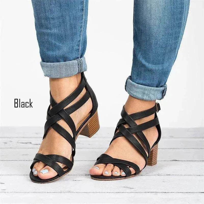 Fish Mouth Cross Strap Buckle Mid Wedge Heel Plain Women Sandals - EX-STOCK Canada
