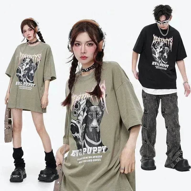 Flame Letter Print Heavy T-shirt Round Neck Loose Casual Short Sleeve - EX-STOCK Canada