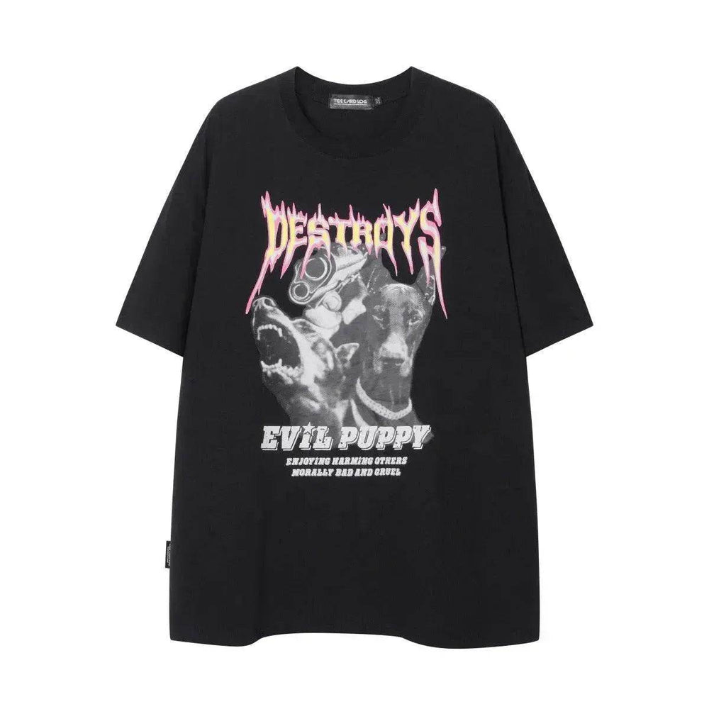 Flame Letter Print Heavy T-shirt Round Neck Loose Casual Short Sleeve - EX-STOCK Canada