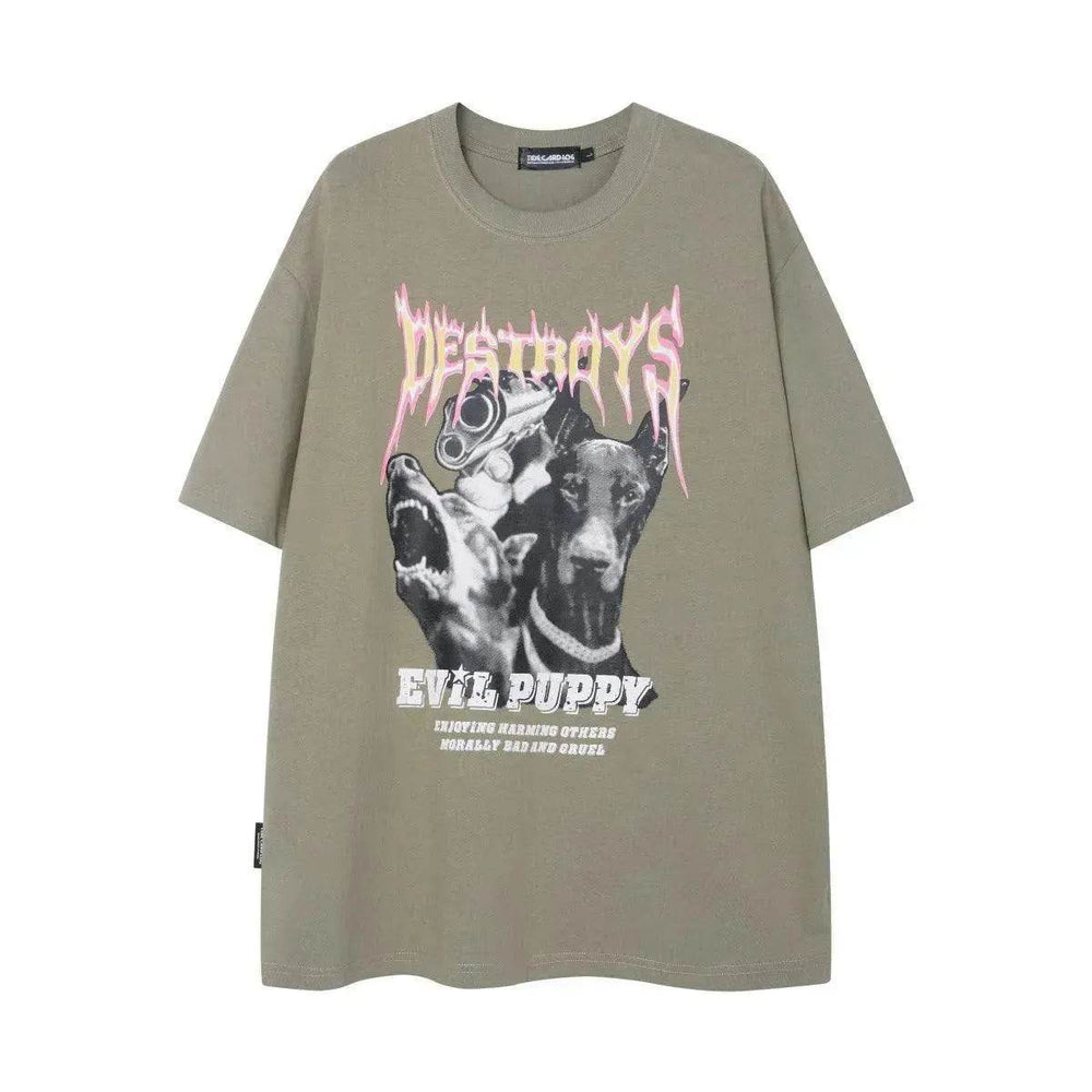 Flame Letter Print Heavy T-shirt Round Neck Loose Casual Short Sleeve - EX-STOCK Canada