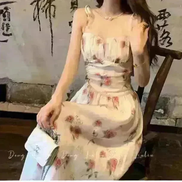 Floral Slip Dress Waist Slimming Seaside Vacation Mid-length Dress - EX-STOCK CANADA