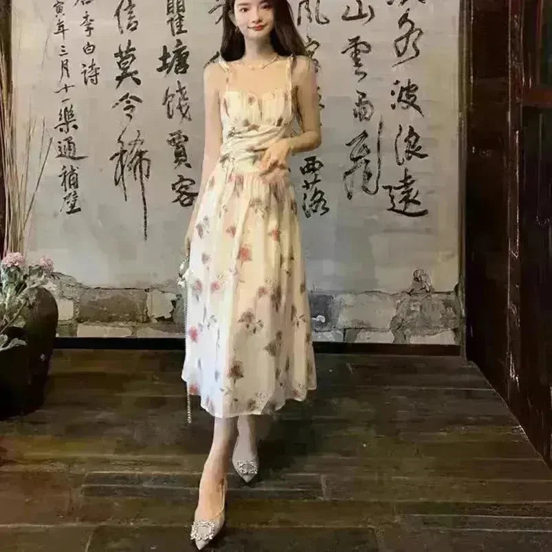 Floral Slip Dress Waist Slimming Seaside Vacation Mid-length Dress - EX-STOCK CANADA