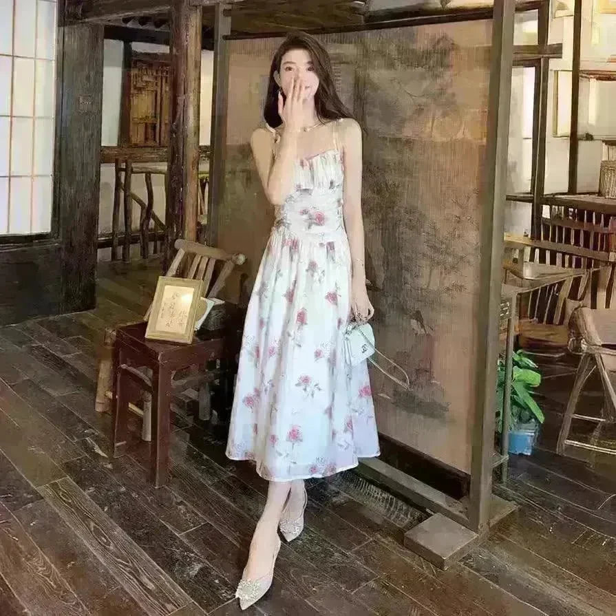 Floral Slip Dress Waist Slimming Seaside Vacation Mid-length Dress - EX-STOCK CANADA