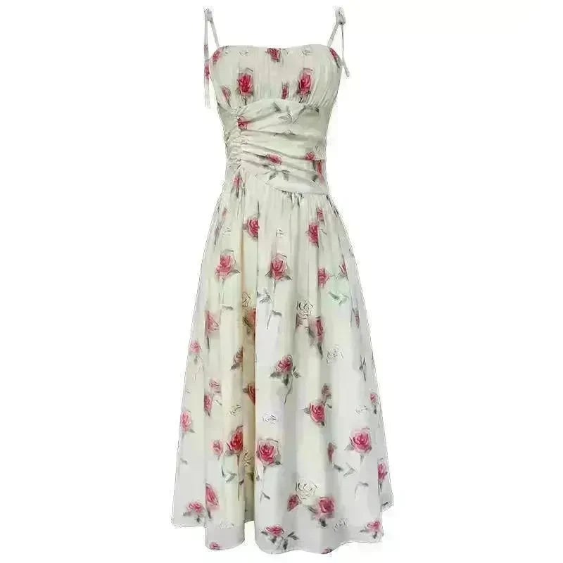Floral Slip Dress Waist Slimming Seaside Vacation Mid-length Dress - EX-STOCK CANADA