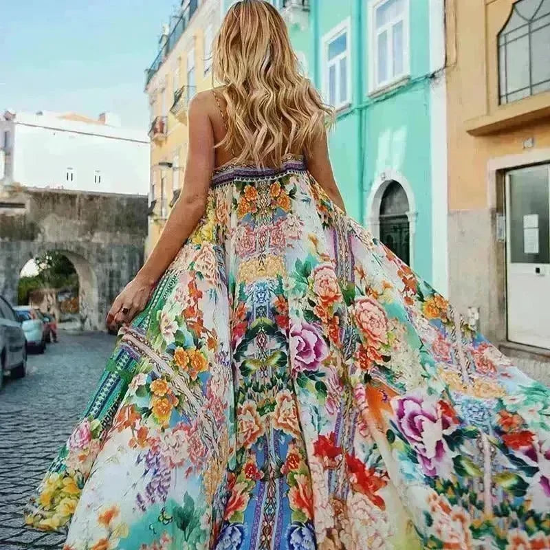Flower Skirt Summer Female Beach Holiday Wear Female Suspender Skirt Large Swing Skirt Printed Long Skirt - EX-STOCK CANADA