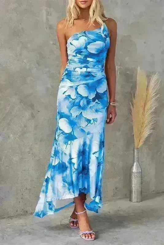 Flowers Print One-shoulder Midi Dress Summer INS Casual Suspender Women Dress - EX-STOCK CANADA