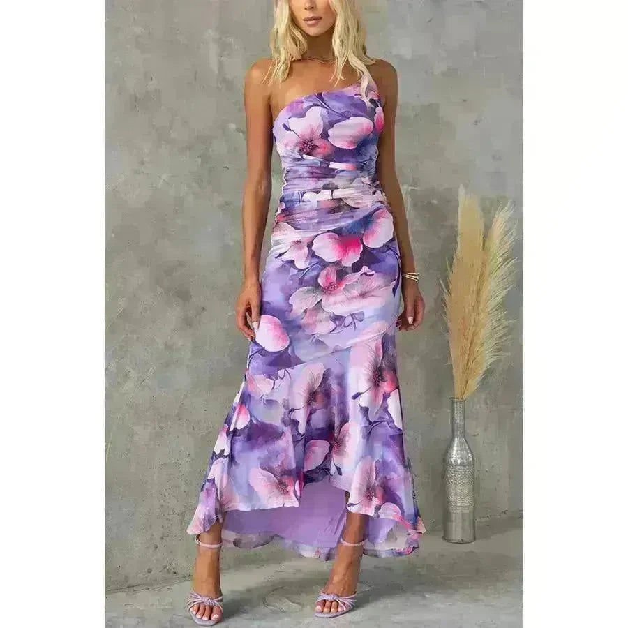 Flowers Print One-shoulder Midi Dress Summer INS Casual Suspender Women Dress - EX-STOCK CANADA