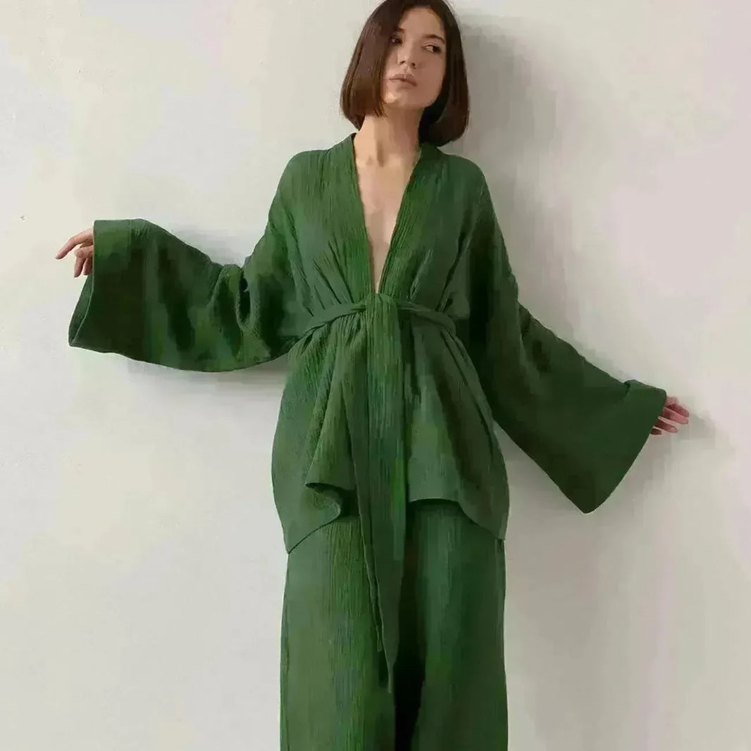 French Loose Gown Trousers Double Gauze Ladies Pajamas - EX-STOCK CANADA