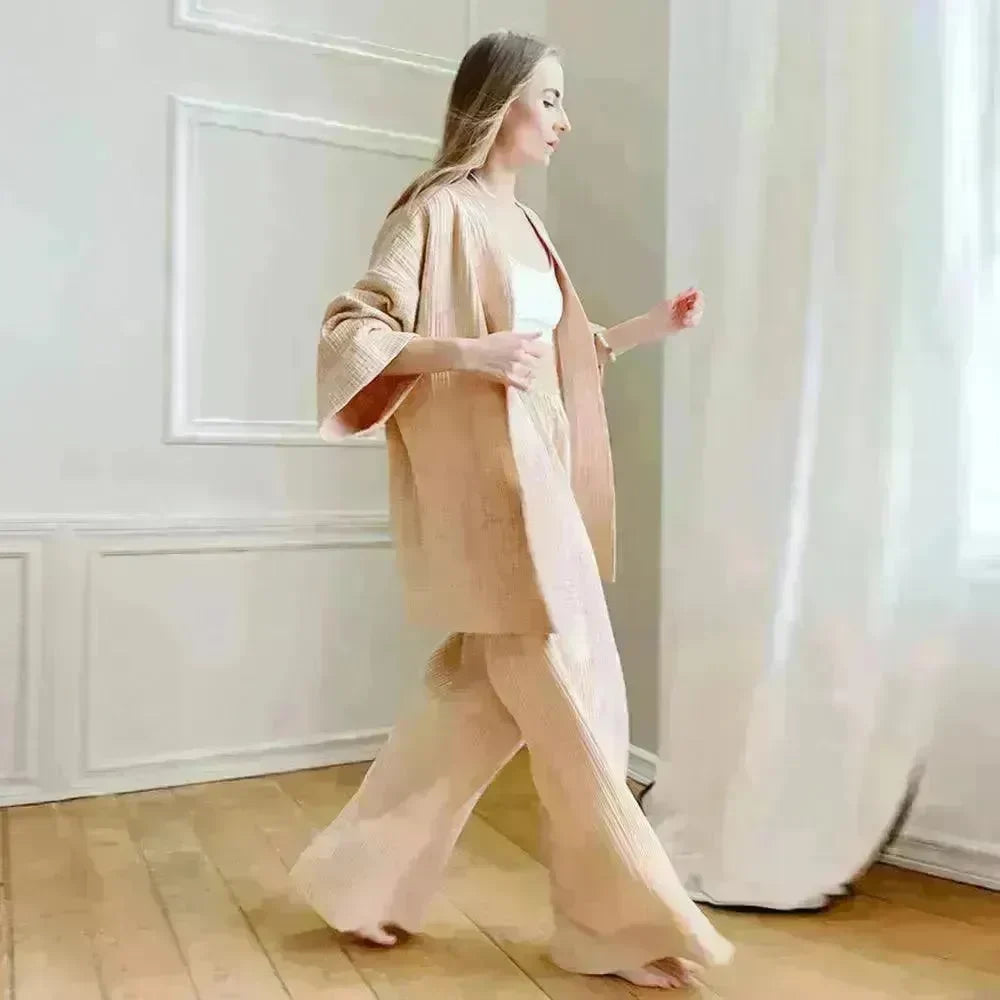 French Loose Gown Trousers Double Gauze Ladies Pajamas - EX-STOCK CANADA
