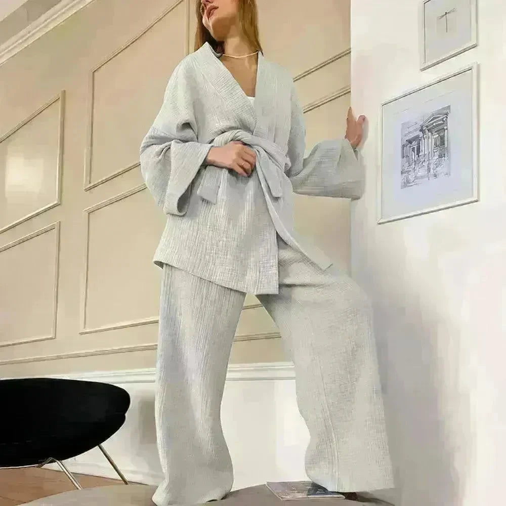 French Loose Gown Trousers Double Gauze Ladies Pajamas - EX-STOCK CANADA