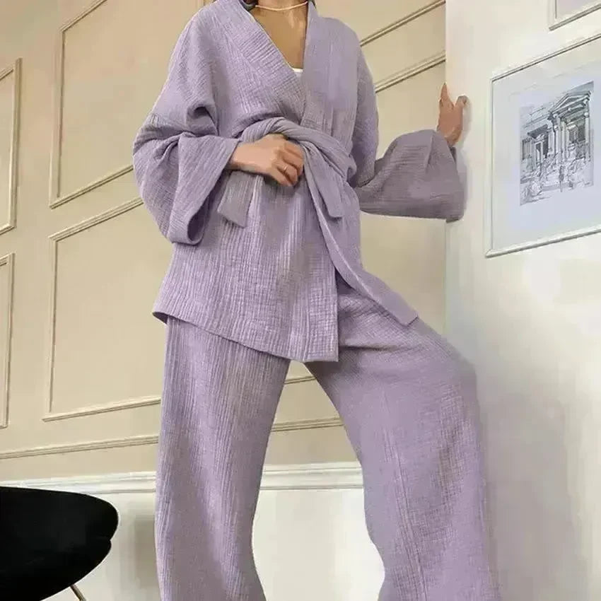French Loose Gown Trousers Double Gauze Ladies Pajamas - EX-STOCK CANADA