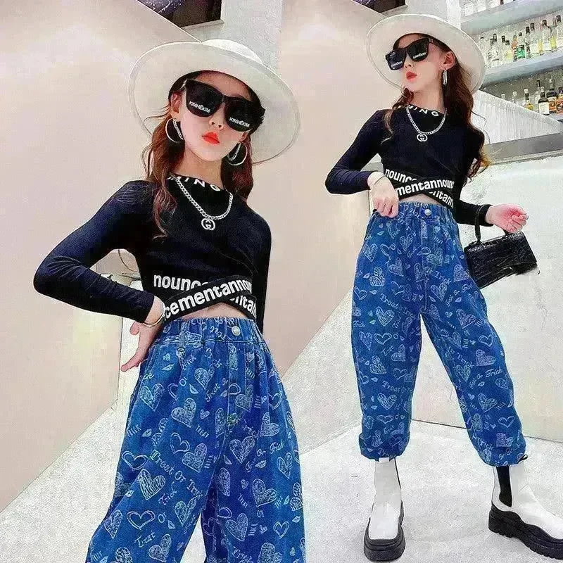 Girls' Suit Western Style Big Kids Autumn Loose Jeans Big Kids Long-sleeved Bottoming Shirt - EX-STOCK CANADA