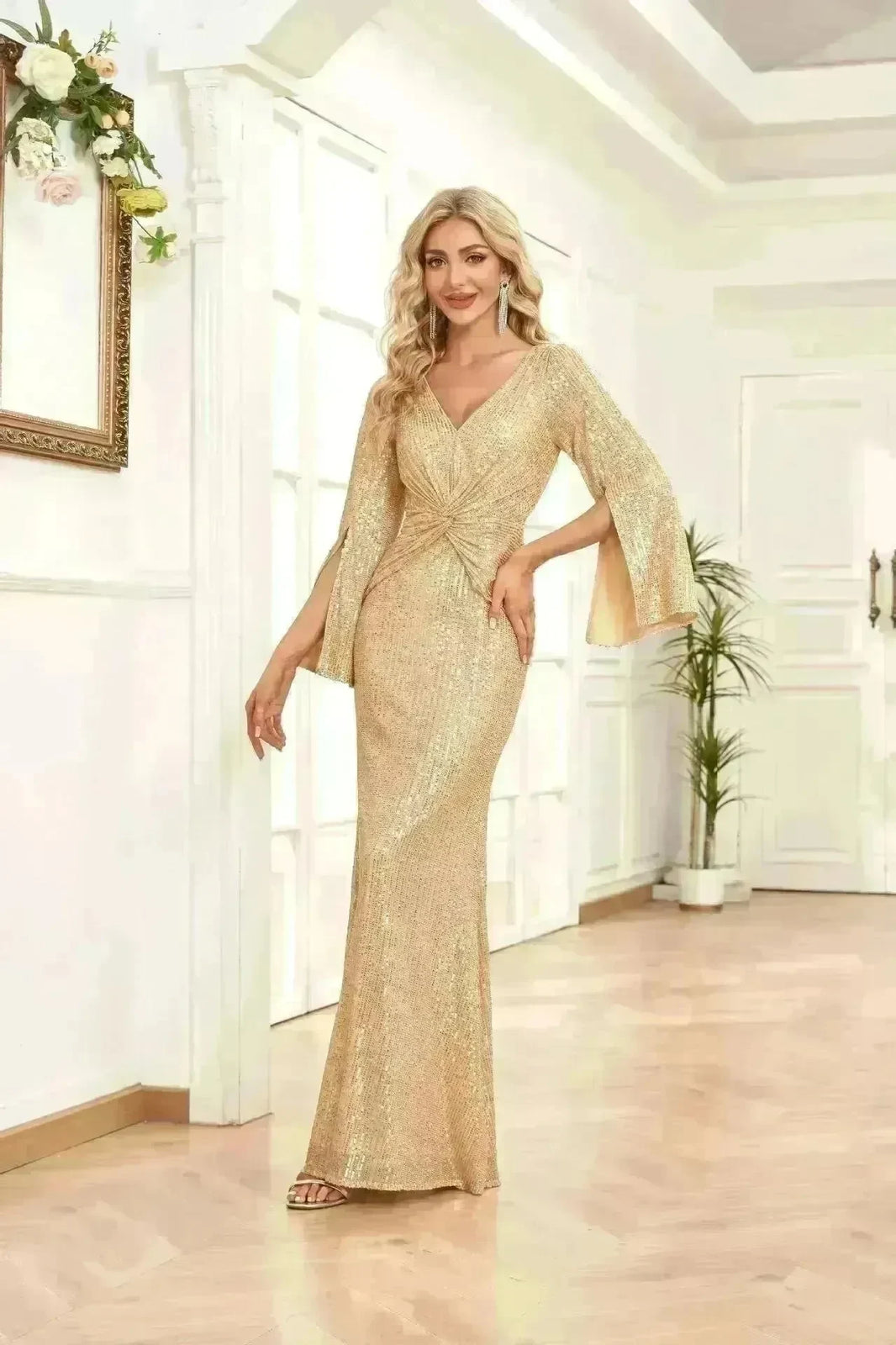 Gold Sequin Slim Fishtail Bridesmaid Banquet Party Wedding Evening Dress - EX-STOCK CANADA