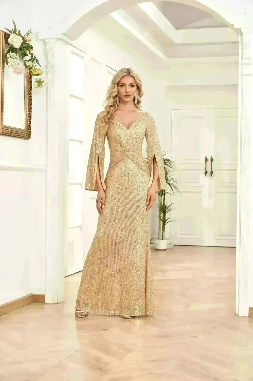 Gold Sequin Slim Fishtail Bridesmaid Banquet Party Wedding Evening Dress - EX-STOCK CANADA