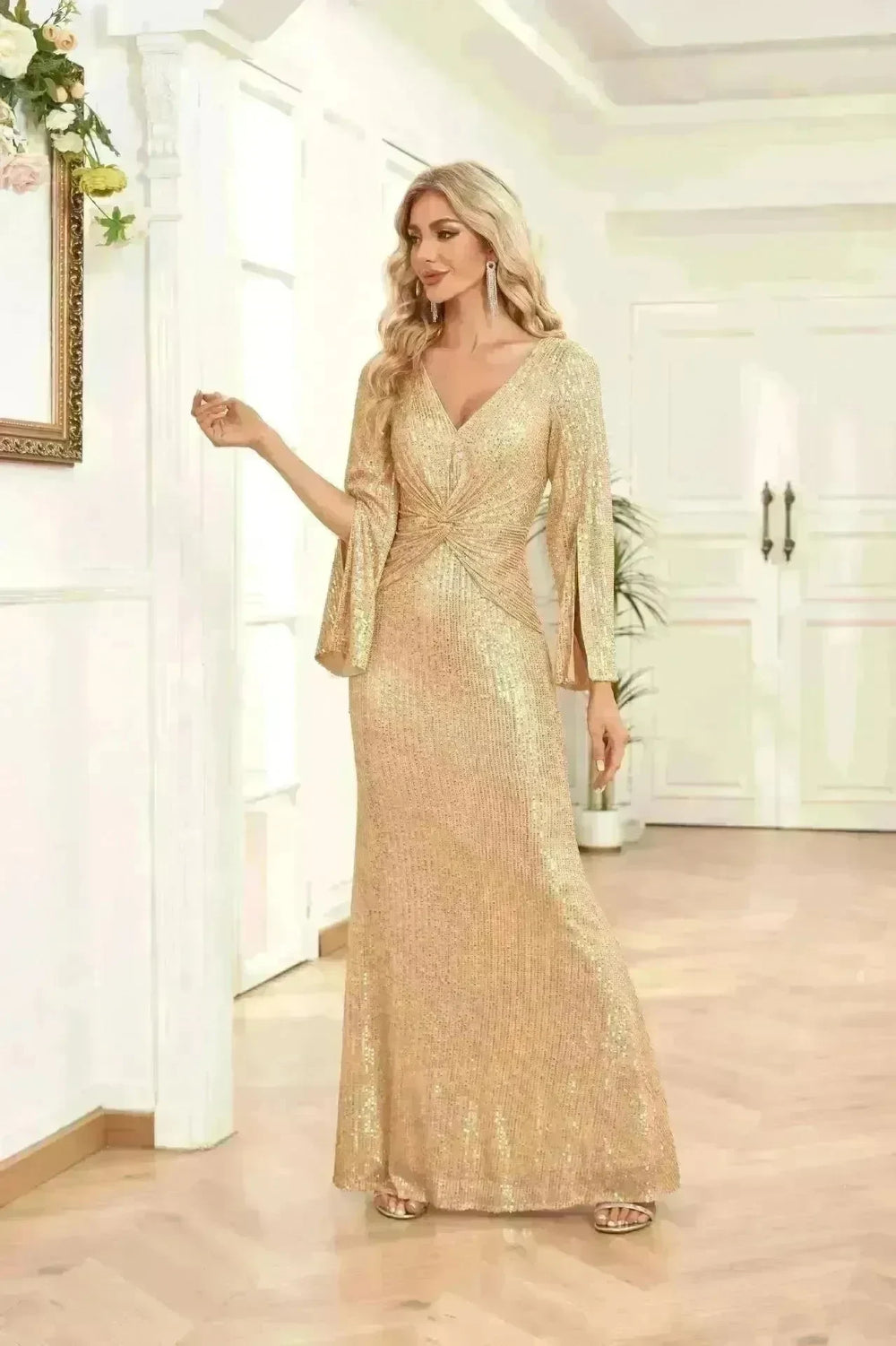 Gold Sequin Slim Fishtail Bridesmaid Banquet Party Wedding Evening Dress - EX-STOCK CANADA