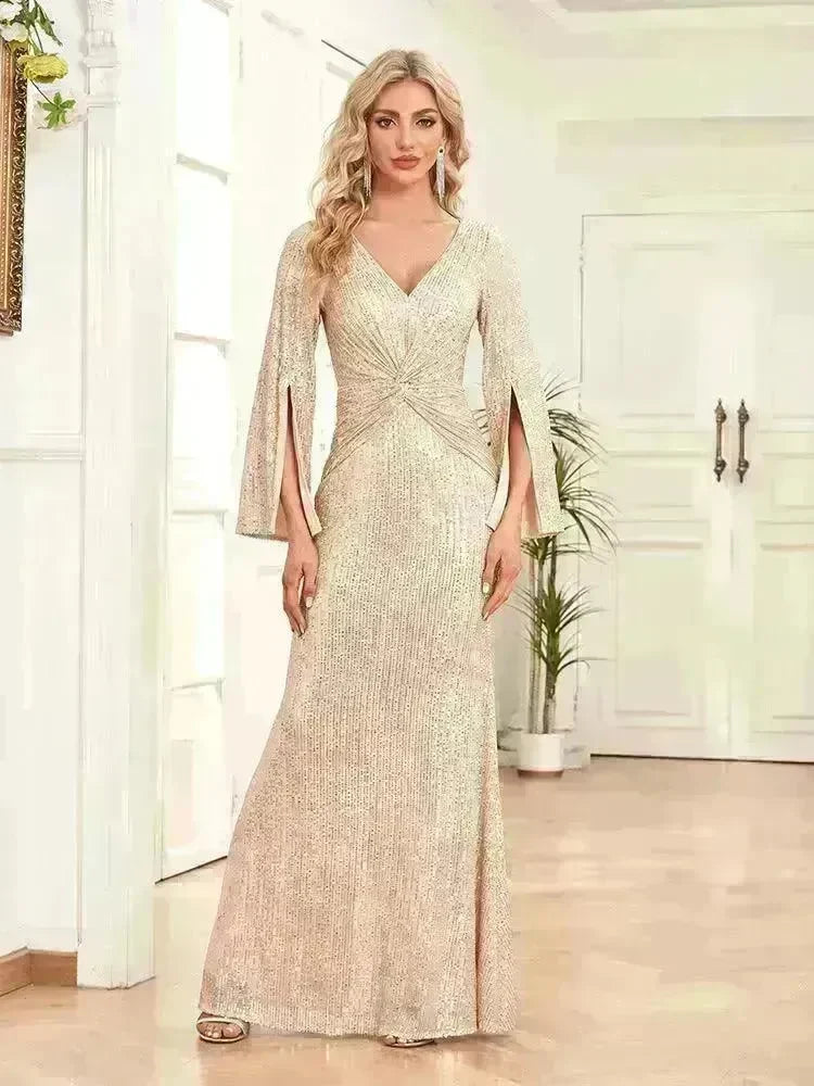 Gold Sequin Slim Fishtail Bridesmaid Banquet Party Wedding Evening Dress - EX-STOCK CANADA