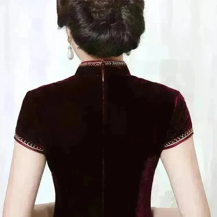 Golden Velvet Retro Modified Beaded Medium-length Cheongsam - EX-STOCK CANADA