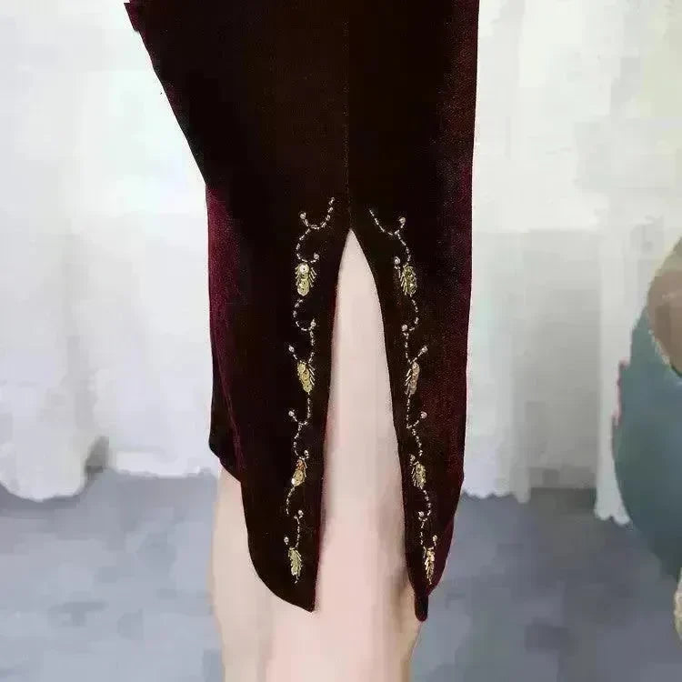 Golden Velvet Retro Modified Beaded Medium-length Cheongsam - EX-STOCK CANADA