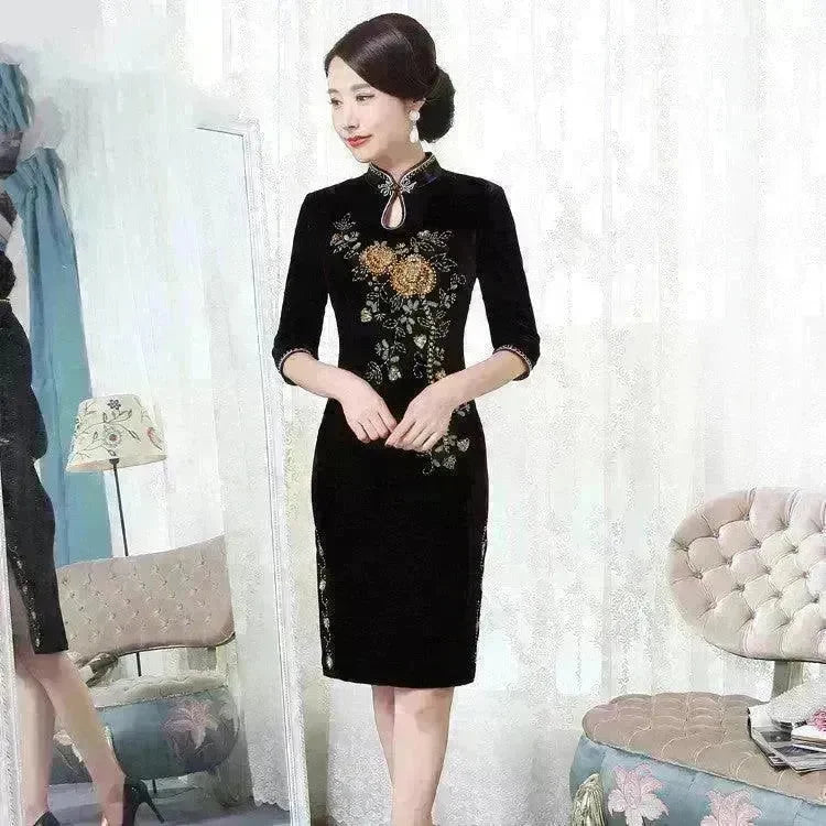 Golden Velvet Retro Modified Beaded Medium-length Cheongsam - EX-STOCK CANADA