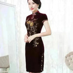 Golden Velvet Retro Modified Beaded Medium-length Cheongsam - EX-STOCK CANADA