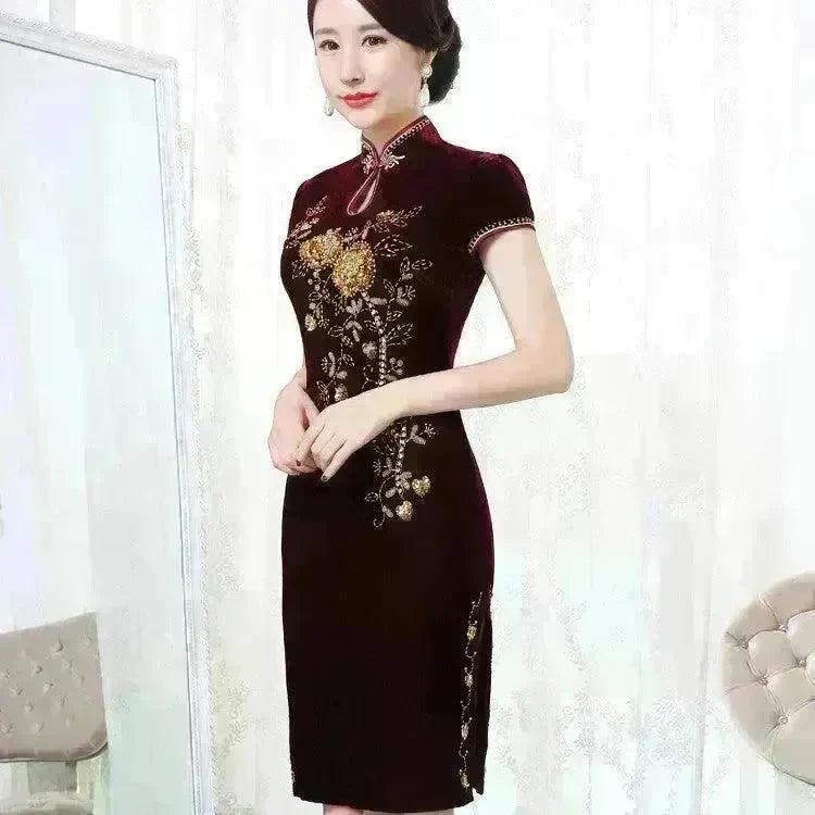 Golden Velvet Retro Modified Beaded Medium-length Cheongsam - EX-STOCK CANADA