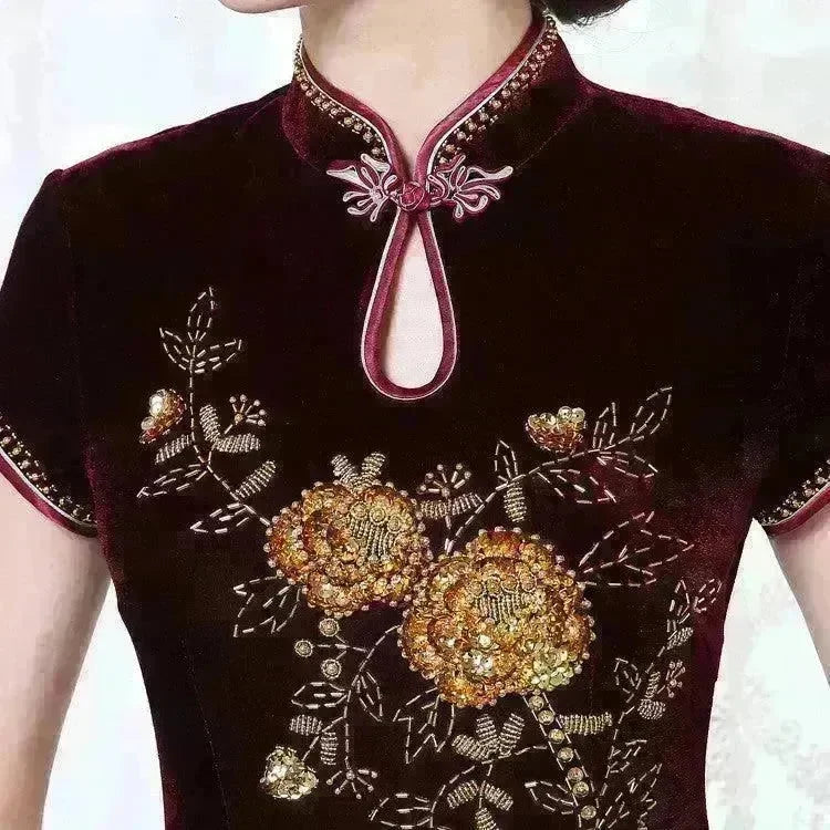 Golden Velvet Retro Modified Beaded Medium-length Cheongsam - EX-STOCK CANADA