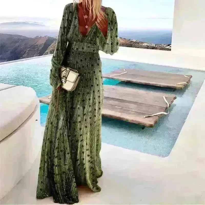 Green Gradient Spot Print Fashion Temperament Deep V Swing Dress - EX-STOCK CANADA