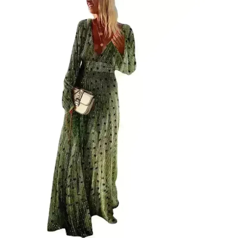 Green Gradient Spot Print Fashion Temperament Deep V Swing Dress - EX-STOCK CANADA