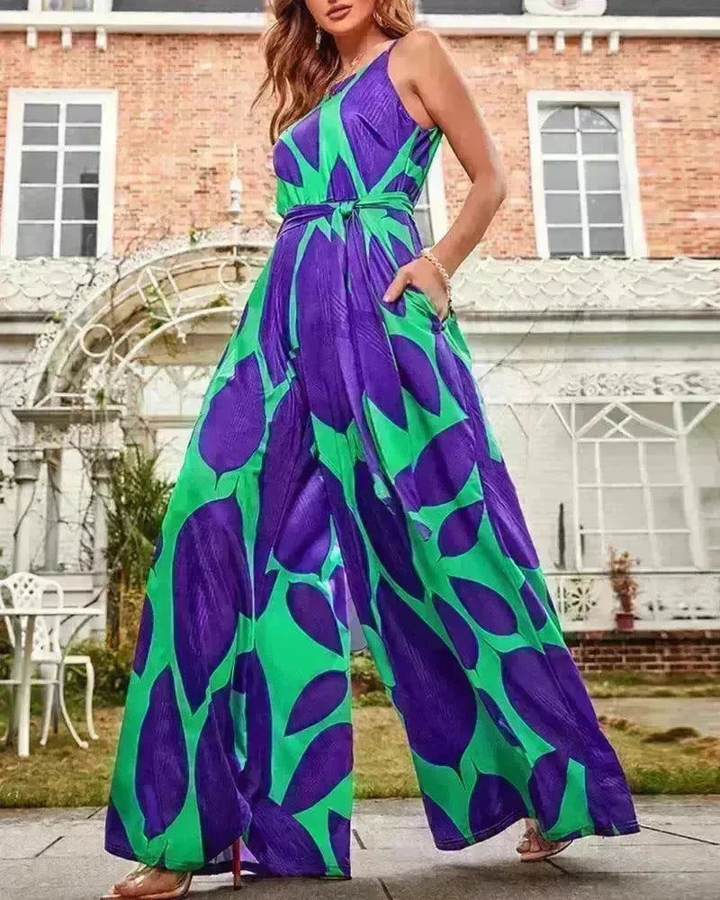 Green Printing Casual Lace Up Jumpsuit - EX-STOCK CANADA