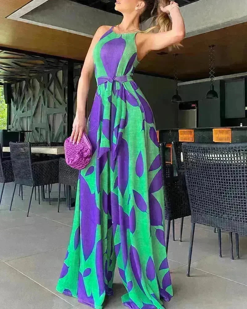 Green Printing Casual Lace Up Jumpsuit - EX-STOCK CANADA