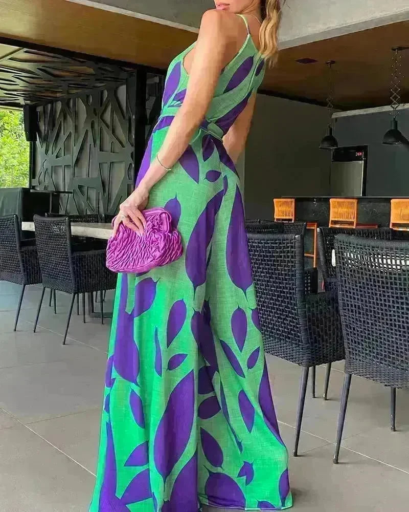 Green Printing Casual Lace Up Jumpsuit - EX-STOCK CANADA