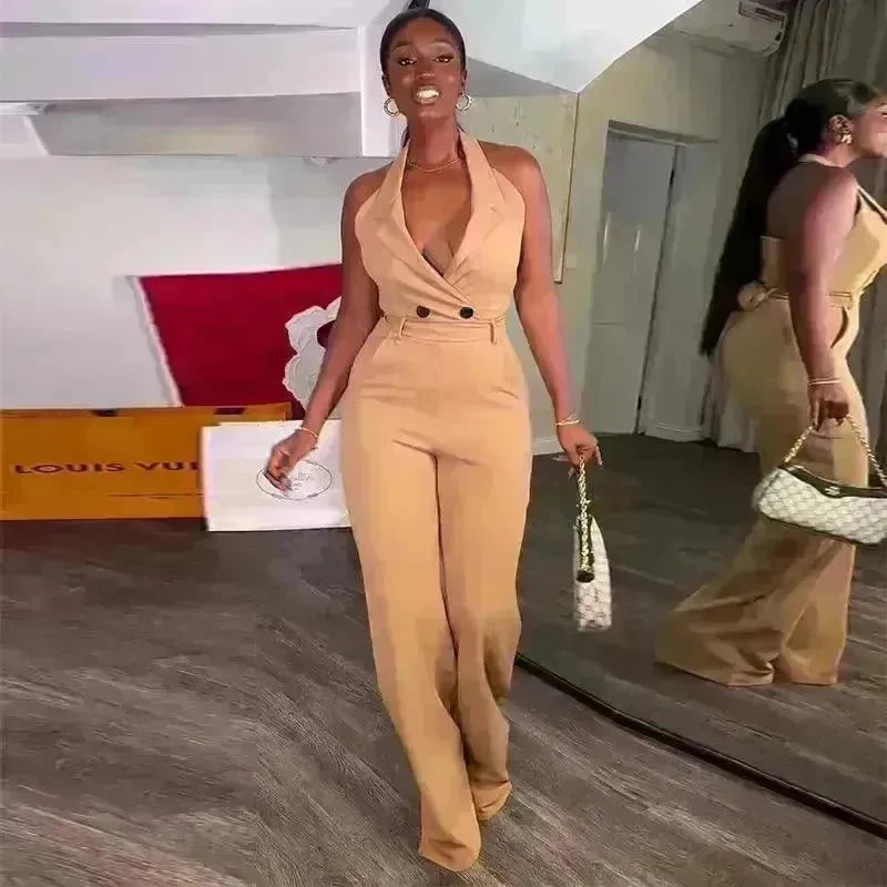 Halter Backless High Waist Pocket Casual Jumpsuit - EX-STOCK CANADA