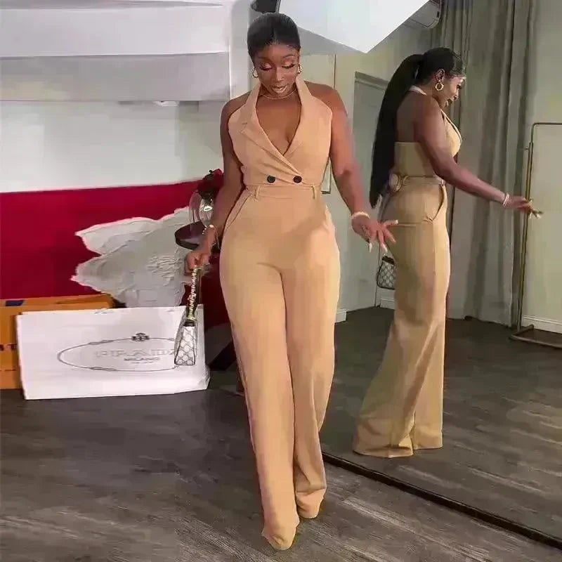 Halter Backless High Waist Pocket Casual Jumpsuit - EX-STOCK CANADA