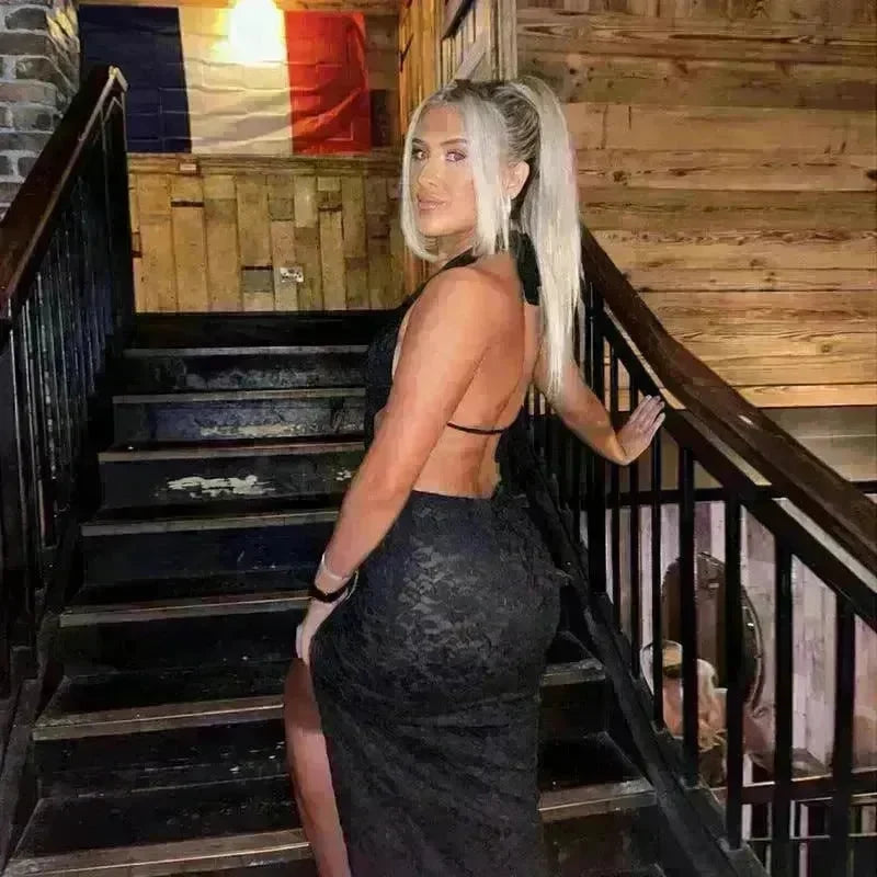 Halter Lace-up Deep V-neck Hollow-out High Waist Slit Slim Fit Dress - EX-STOCK CANADA