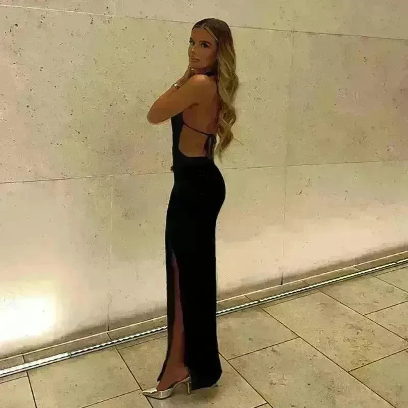 Halter Lace-up Deep V-neck Hollow-out High Waist Slit Slim Fit Dress - EX-STOCK CANADA