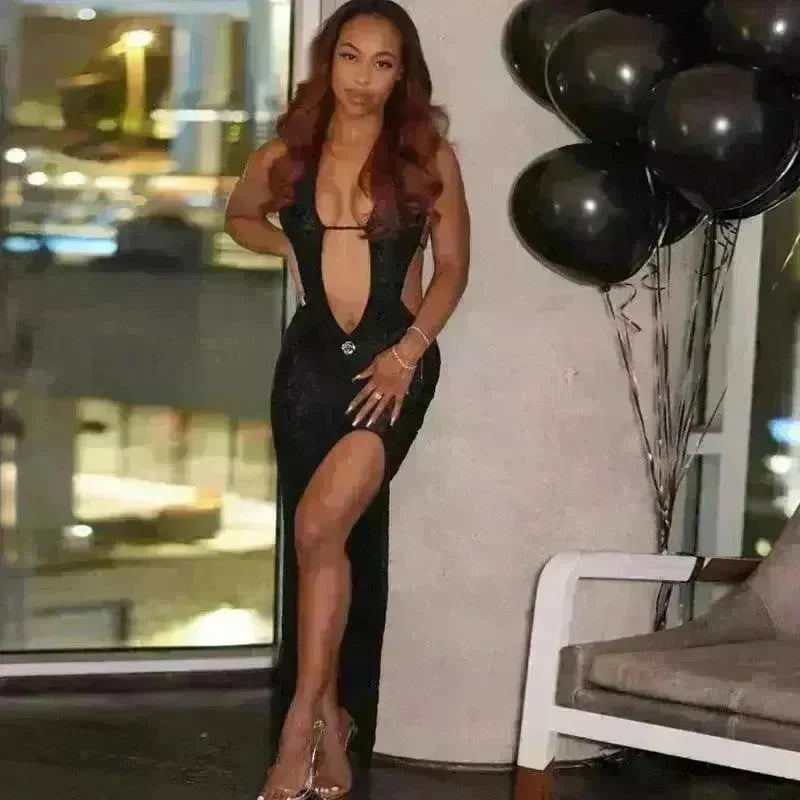 Halter Lace-up Deep V-neck Hollow-out High Waist Slit Slim Fit Dress - EX-STOCK CANADA