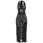 Halter Lace-up Deep V-neck Hollow-out High Waist Slit Slim Fit Dress - EX-STOCK CANADA