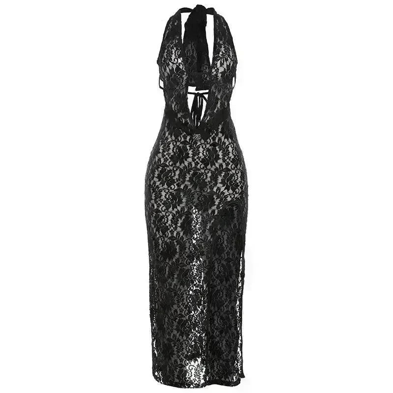 Halter Lace-up Deep V-neck Hollow-out High Waist Slit Slim Fit Dress - EX-STOCK CANADA