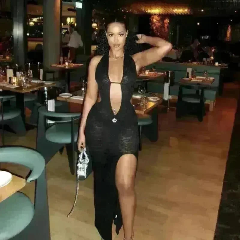 Halter Lace-up Deep V-neck Hollow-out High Waist Slit Slim Fit Dress - EX-STOCK CANADA