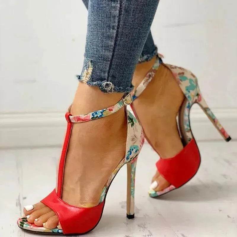 High heel buckle chunky heel floral sandals - EX-STOCK Canada
